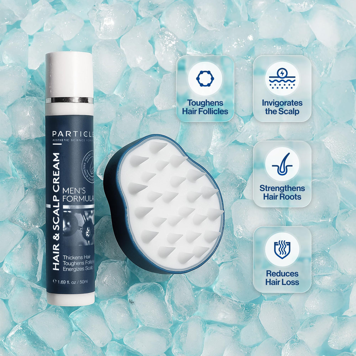 Particle scalp massager handle enabling even cream distribution with a refreshing massage.