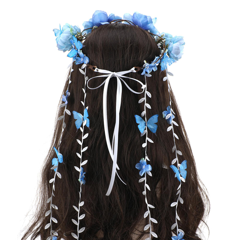 PartyforU blue flower crown headpiece with butterfly accents for festival wear