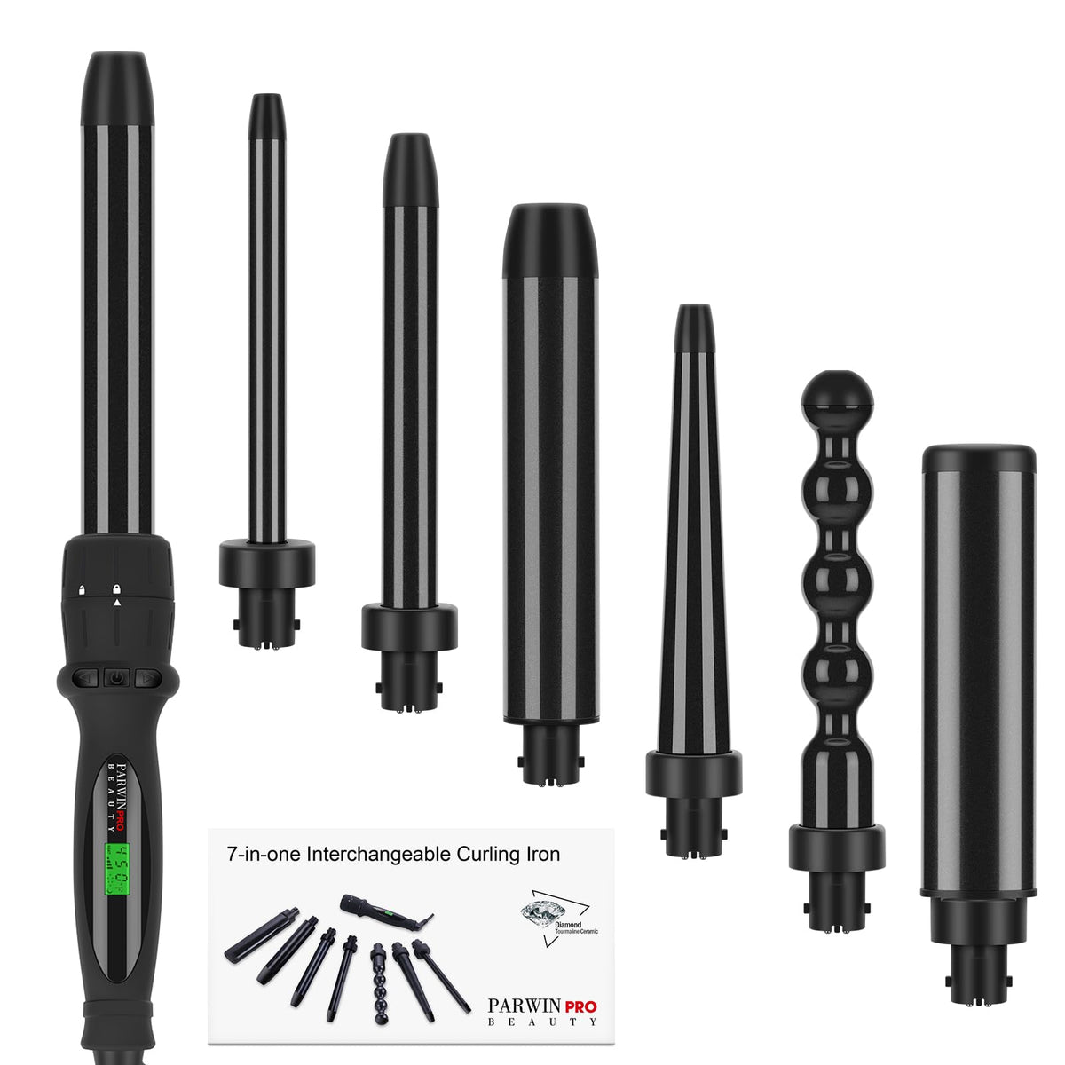 Parwin Pro Beauty 7-in-1 curl wand set front view for fast versatile curls.