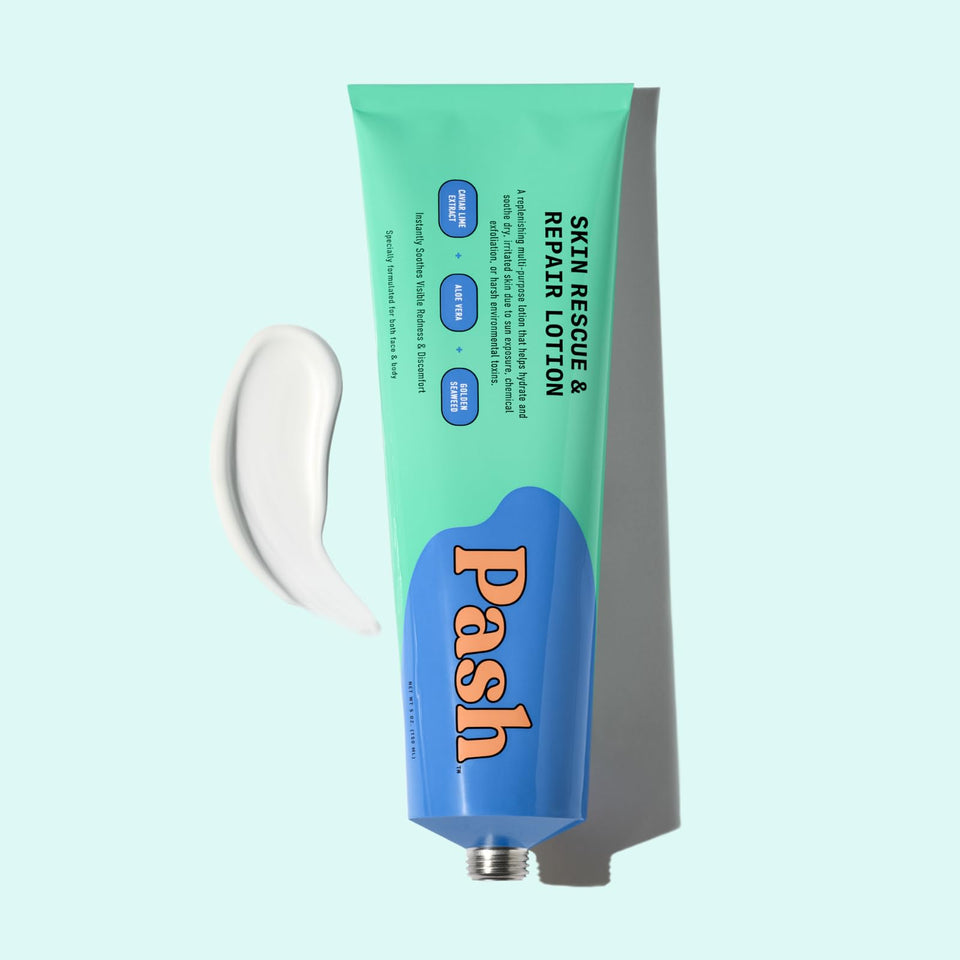 Pash Skin Protection barrier rescue packaging shows fragrance-free formula for sensitive skin.