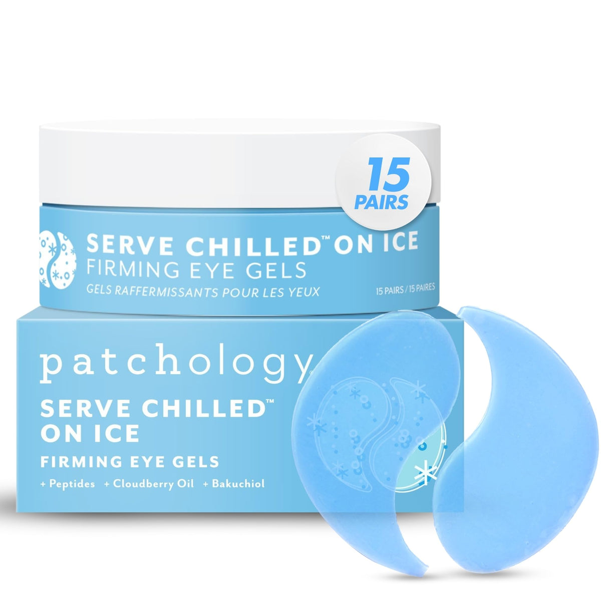 Patchology Serve Chilled On Ice eye mask packaging shows a 15-pair box for cooling and depuffing.