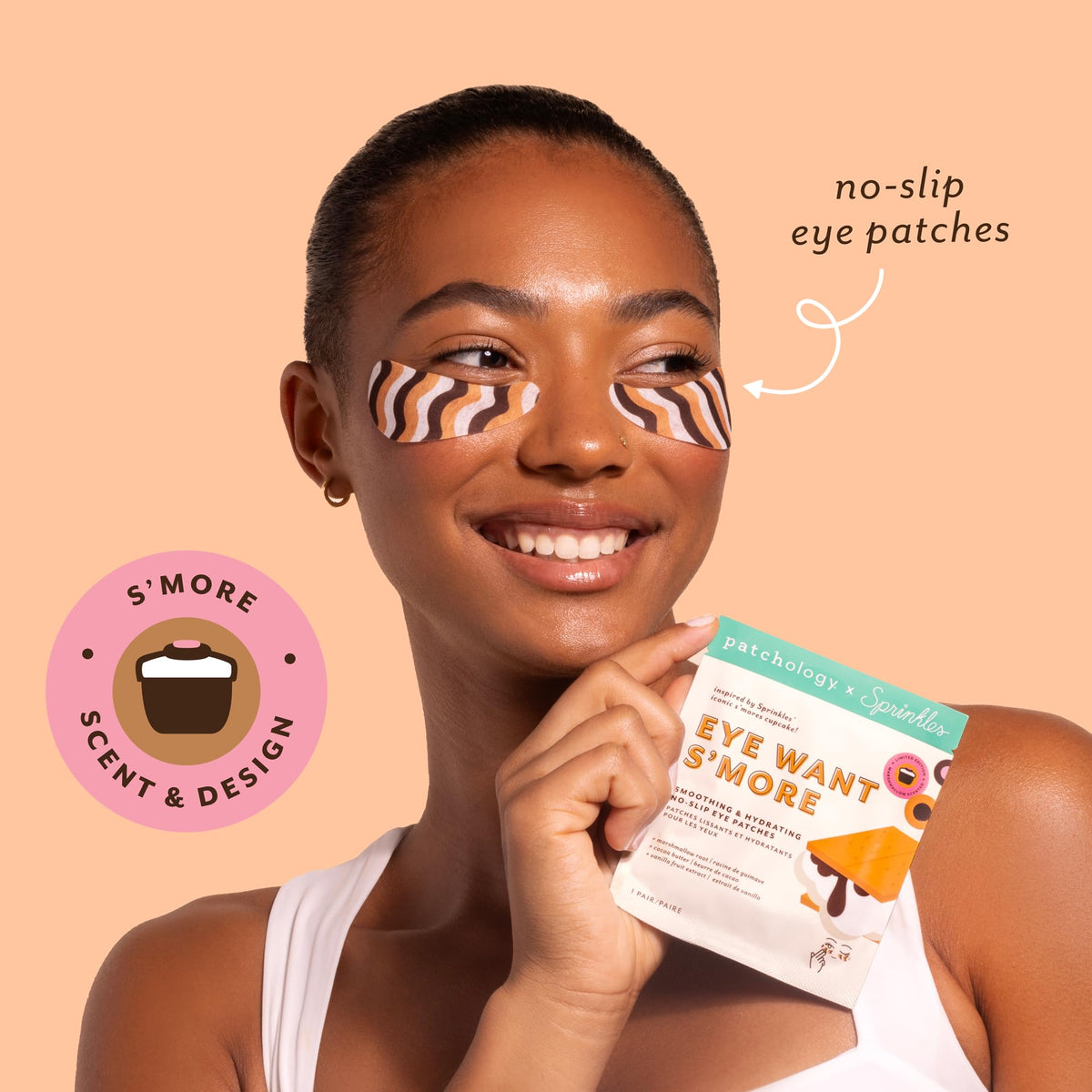 Patchology Sprinkles Eye Want S’more patches applying cocoa butter hydration details.