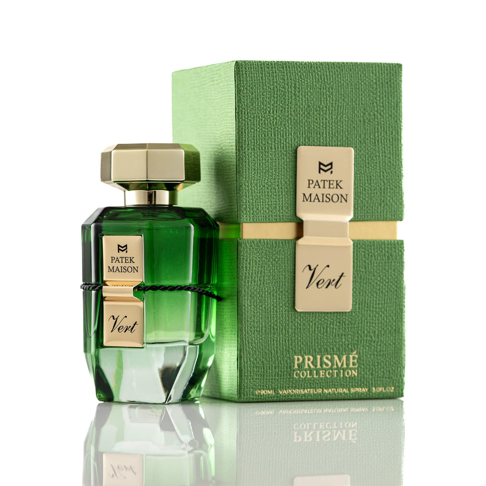 Patek Maison Prisme Vert bottle front view for refined everyday fragrance use