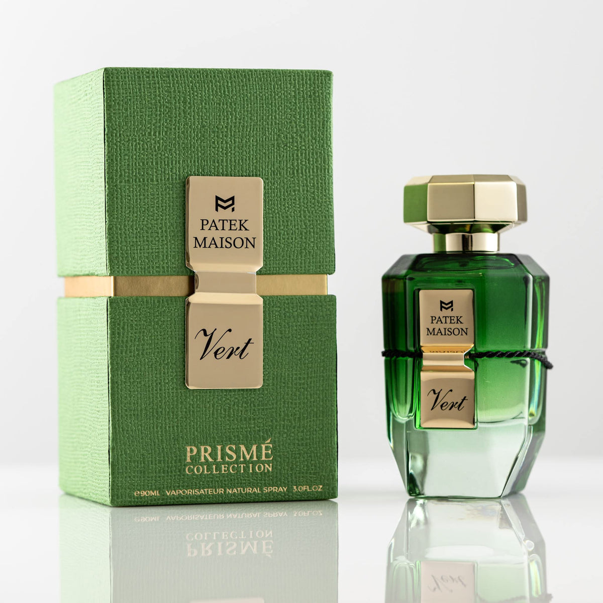 Patek Maison Prisme Vert bottle side view highlighting sleek design for travel