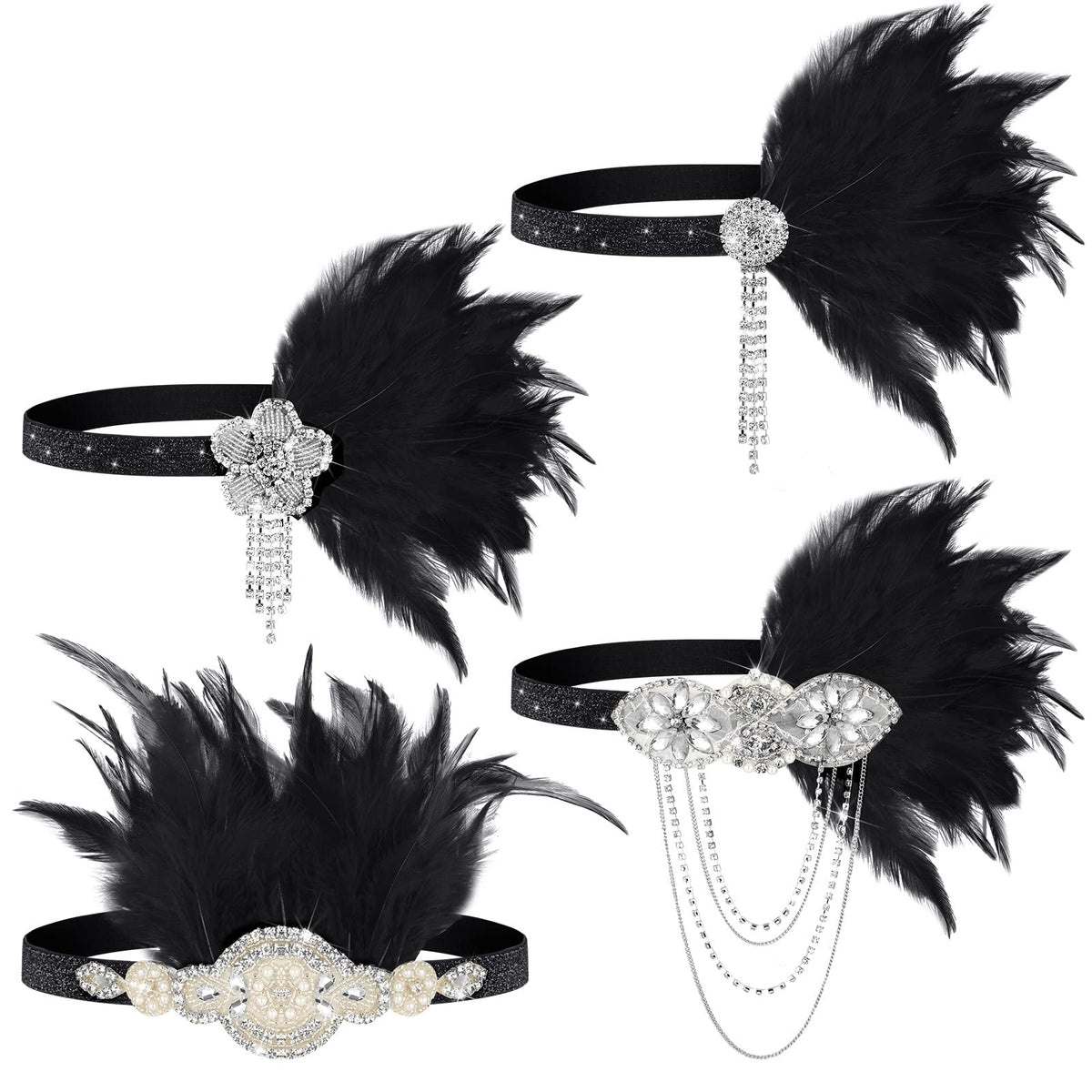 Patelai flapper headband with black rhinestones and feathers for vintage Roaring Twenties glamour.