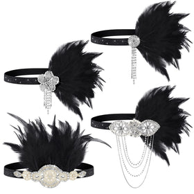 Patelai flapper headband with black rhinestones and feathers for vintage Roaring Twenties glamour.