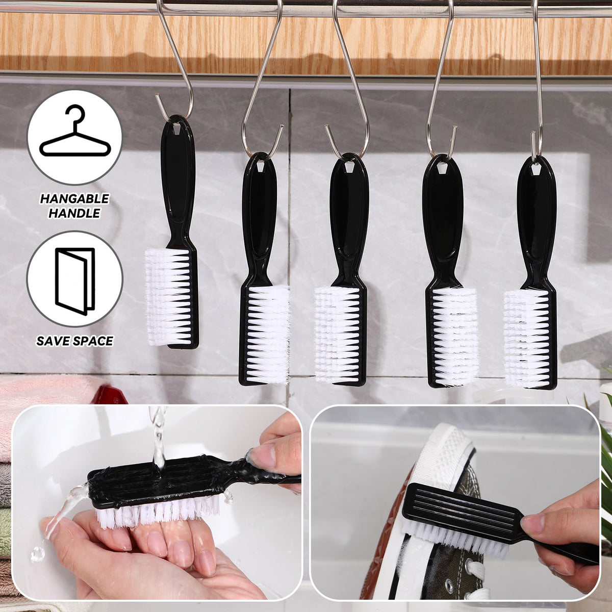 Patelai black-handle nail brushes ideal for color-coded task separation.