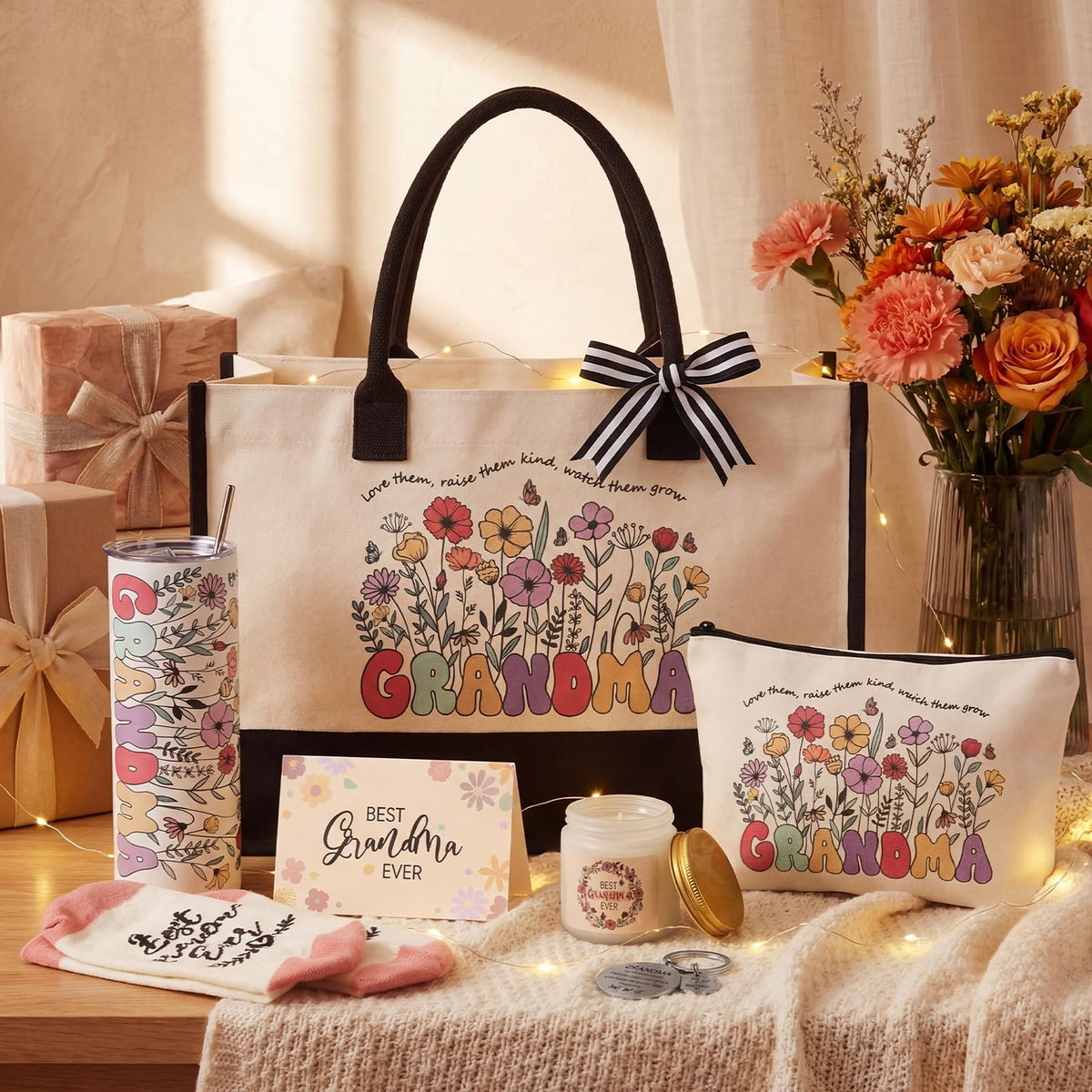 Patelai grandma gift set floral tote bag for groceries and daily essentials