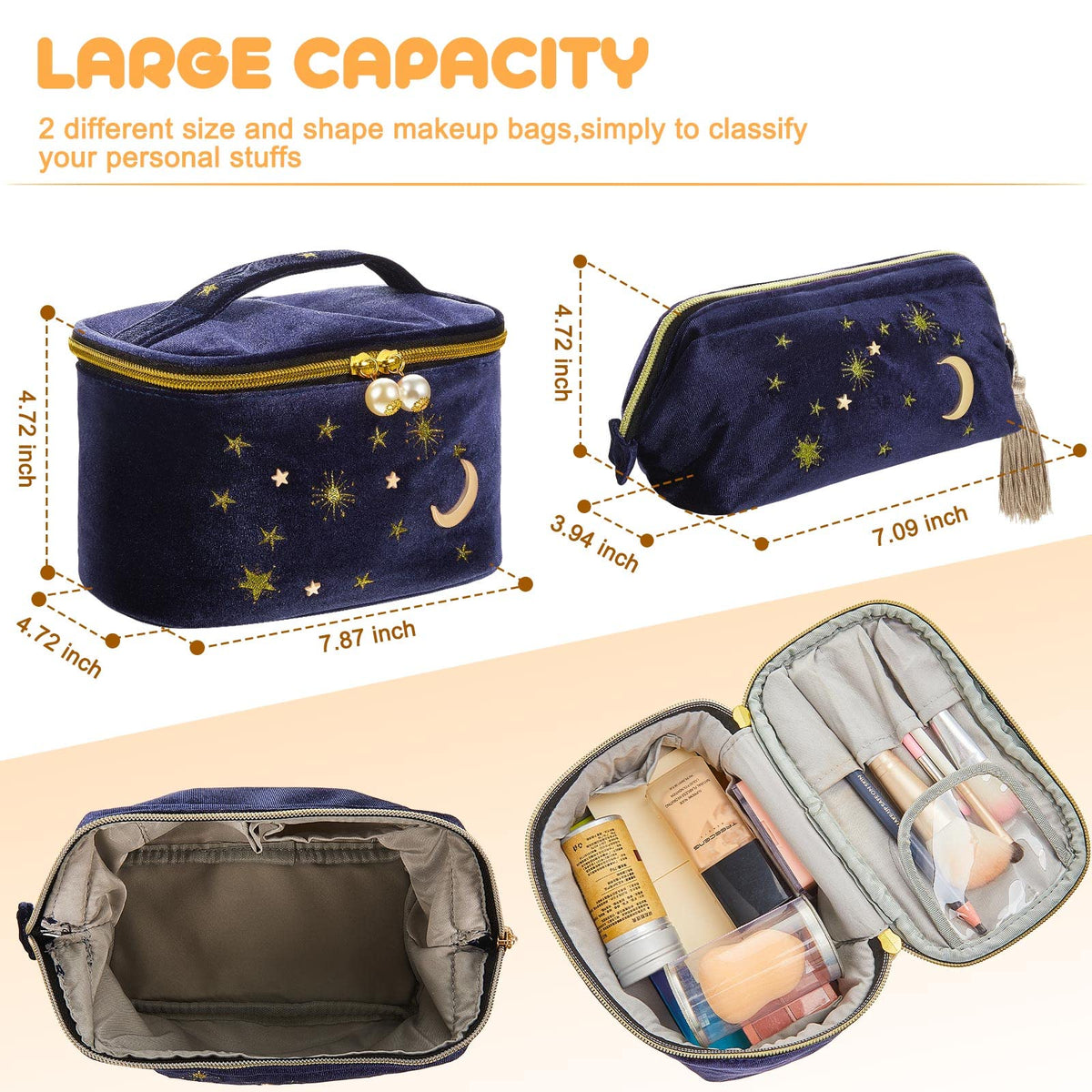 Patelai velvet large makeup bag navy with pearl zipper for organized travel