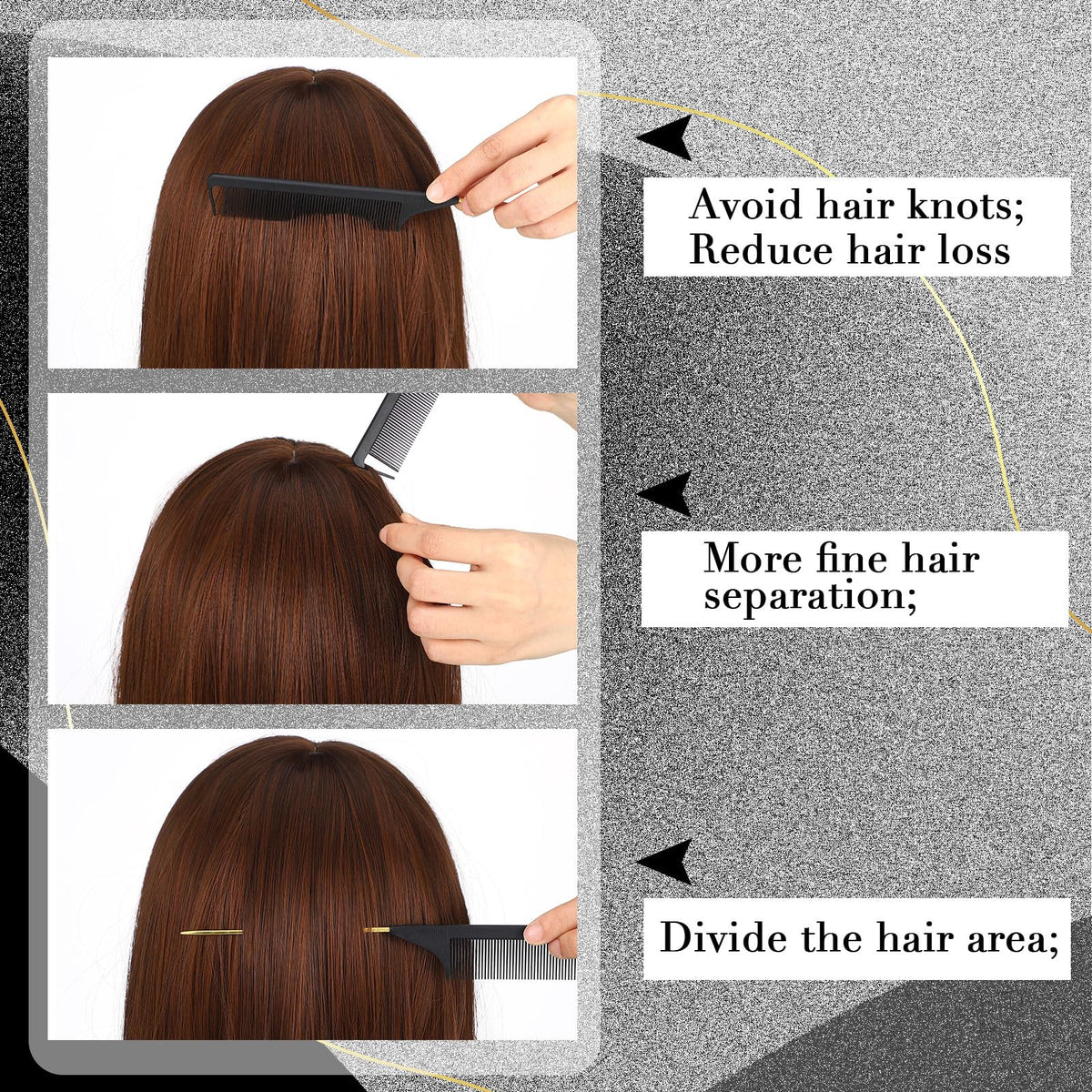 Patelai long-handle parting comb assists precise hair sectioning.
