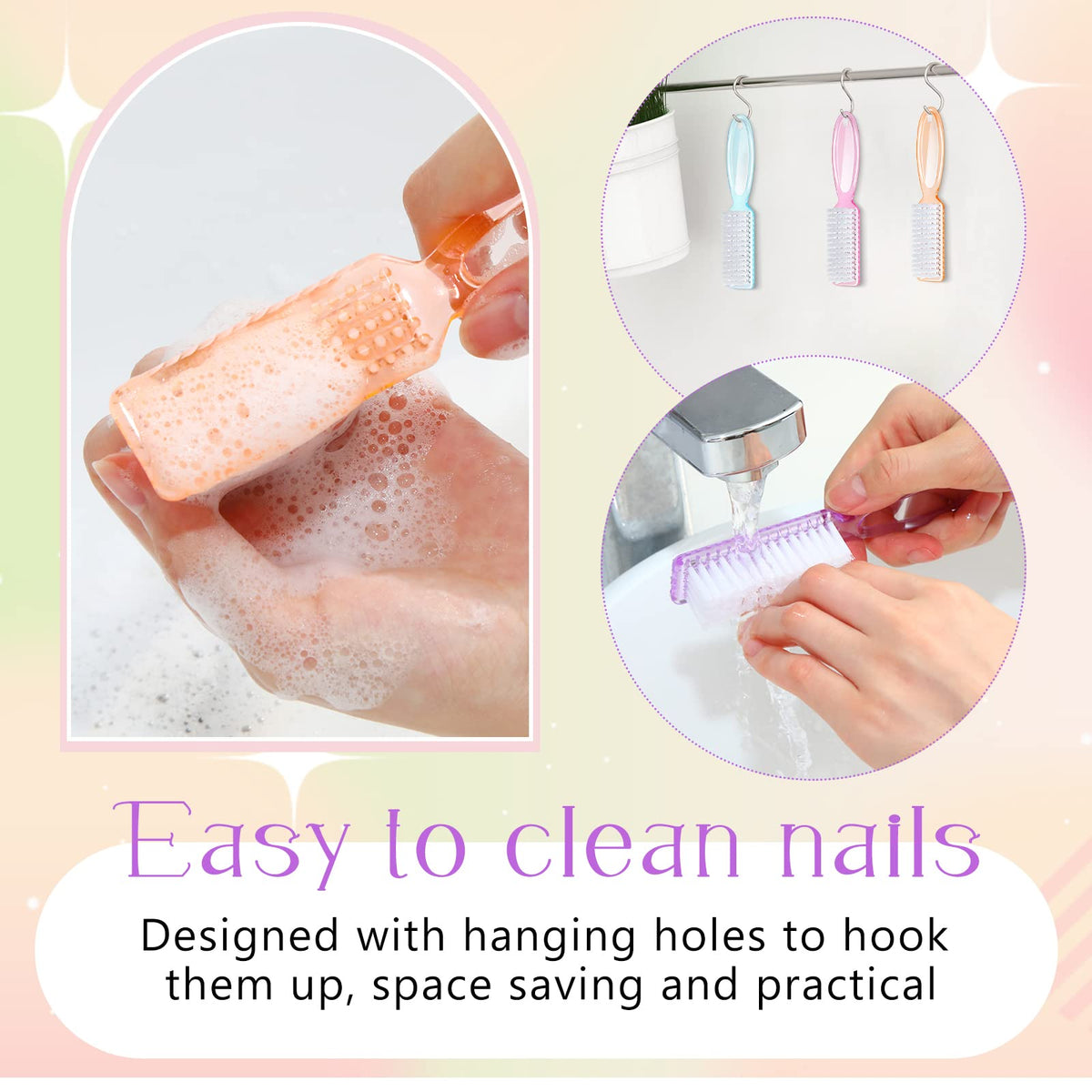 Patelai manicure brush in five colors with non-slip grip for daily nail cleaning.