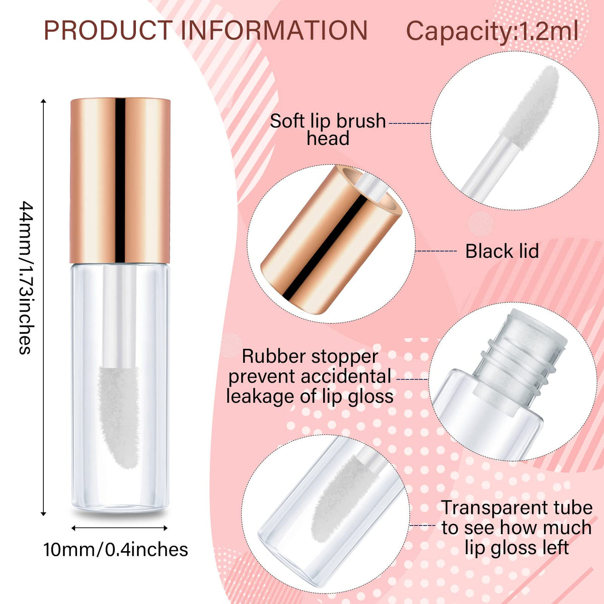 Patelai rose gold cap mini lip gloss tubes, portable and leak-proof for travel.