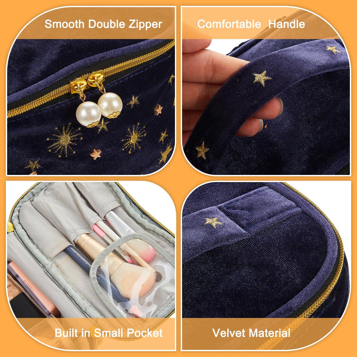 Patelai smooth velvet cosmetic bag navy with soft touch and daily reuse
