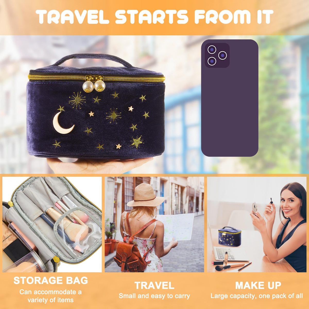 Patelai travel cosmetic pouch navy with strap, convenient to carry and hang