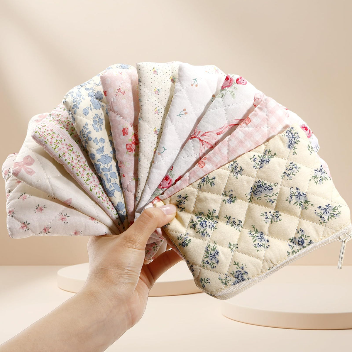Paterr Cotton quilted makeup pouch compact size for organizing cosmetics.