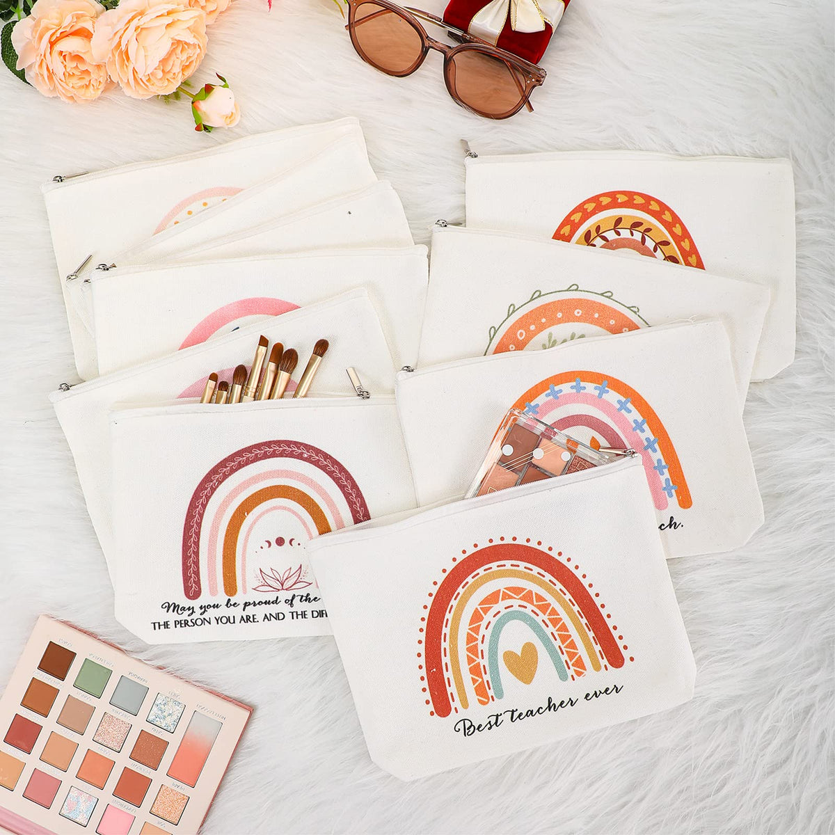 Paterr rainbow makeup bag showing portable storage for cosmetics.