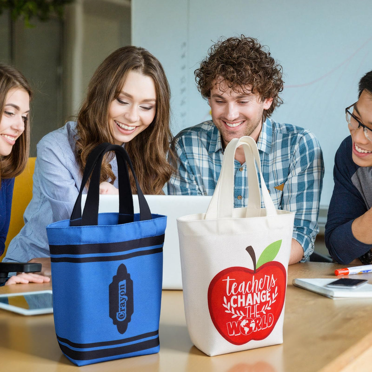 Paterr teacher tote bag with crayon pattern, adds creativity to classroom essentials.