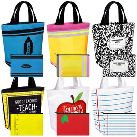 Paterr teacher tote bag with pencil pattern, ideal for carrying books and papers.