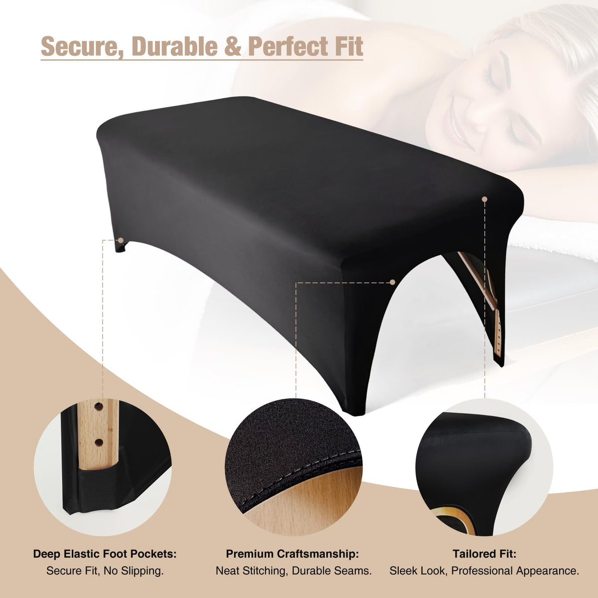 Patioman lash bed cover ergonomic cutout close-up shows easy client access
