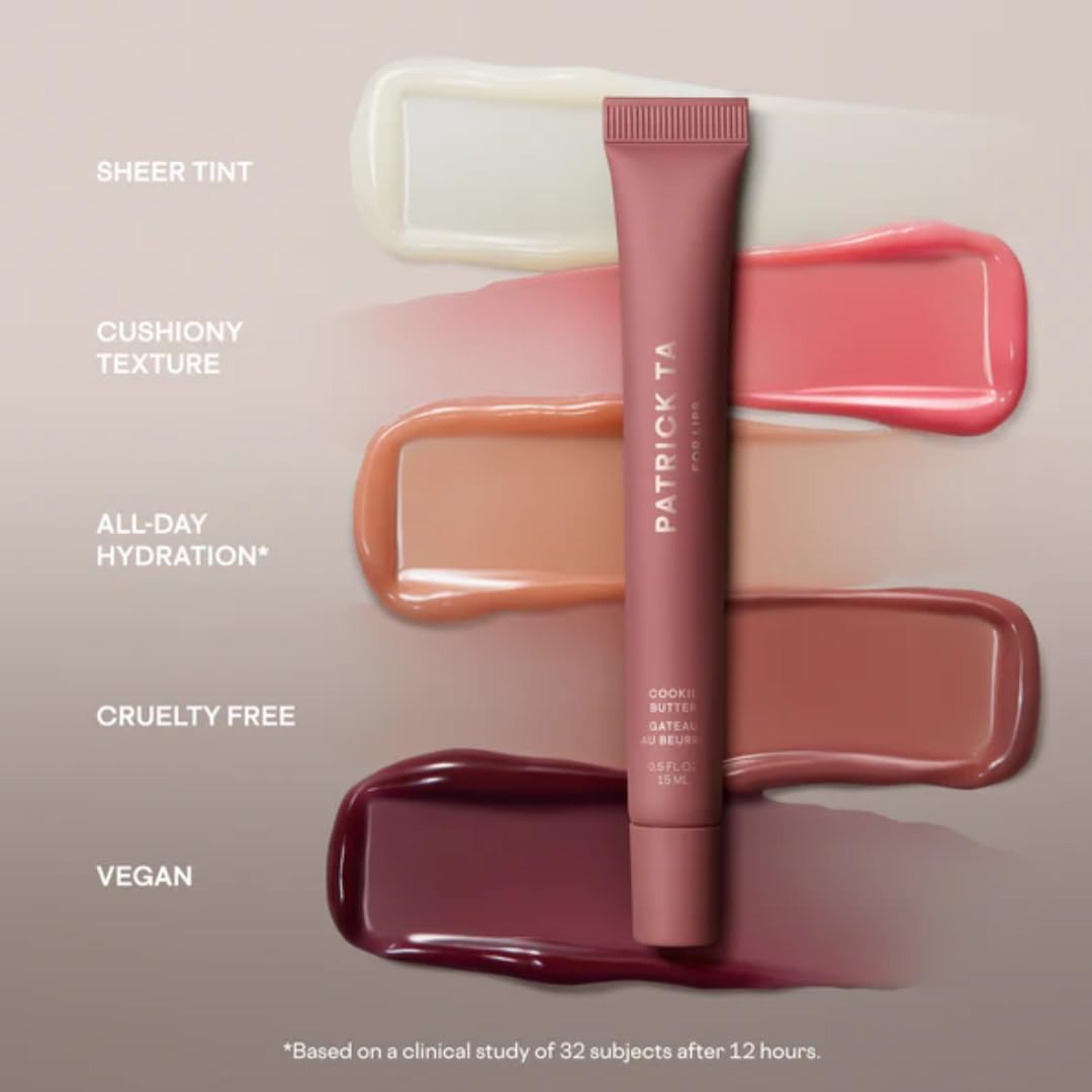 Patrick Ta Major Moisture Smoothing Lip Balm Cookie Butter packaging for easy touch-ups.