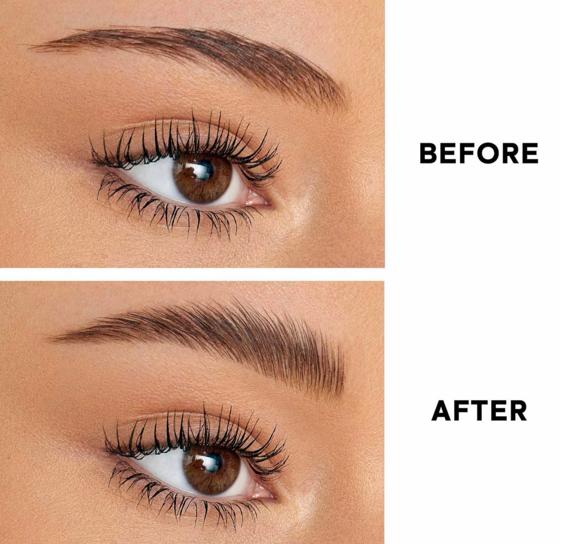 Patrick Ta Mini Major Brow Lamination Gel before-after illustrates fuller, lifted brows.