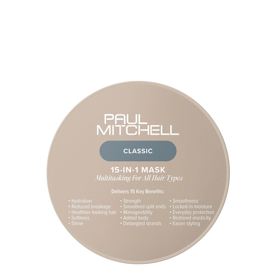 Paul Mitchell 15-In-1 Mask bottle close-up for deep conditioning.