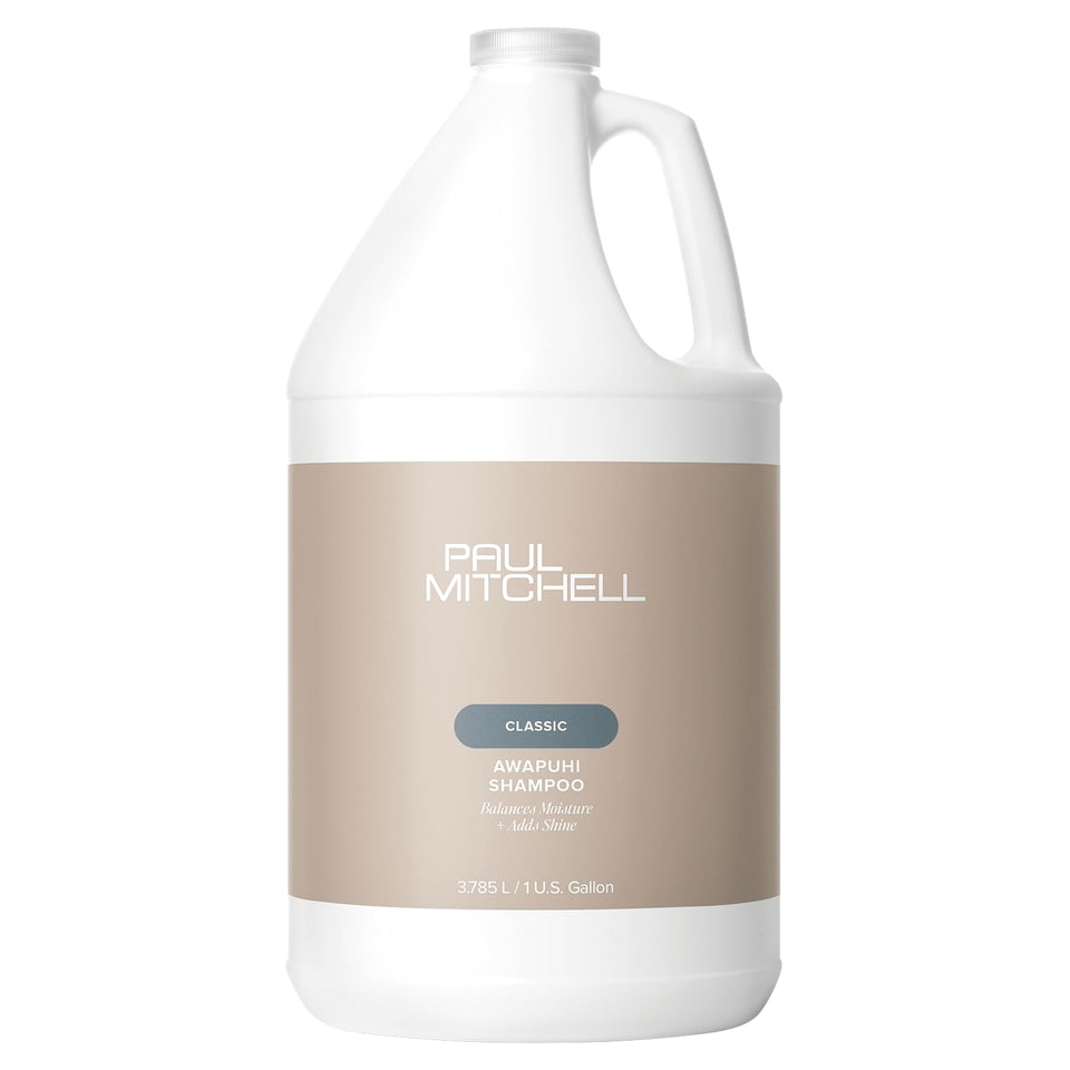 Paul Mitchell Awapuhi Shampoo gallon bottle pour showing easy dispensing for balanced cleansing.