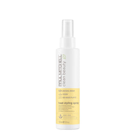 Paul Mitchell Clean Beauty Heat Styling Spray bottle shows packaging for all hair types.