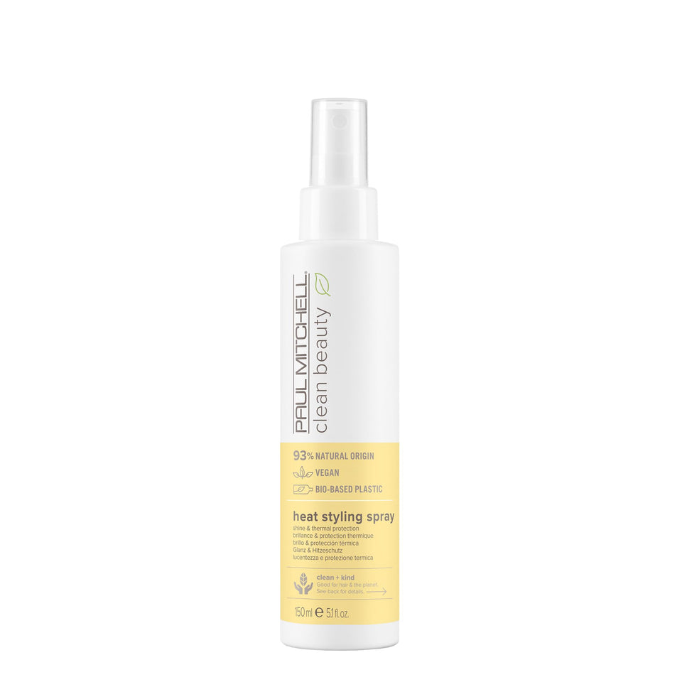 Paul Mitchell Clean Beauty Heat Styling Spray bottle shows packaging for all hair types.