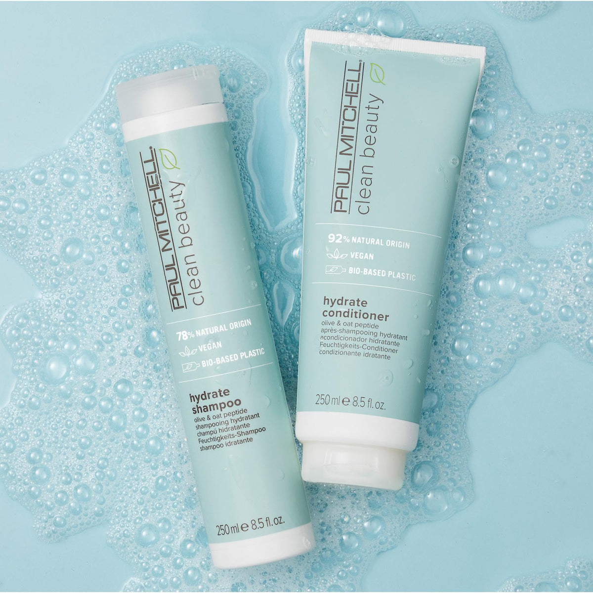 Packaging highlights bio-based plastic and sustainability for Paul Mitchell Hydrate Conditioner.