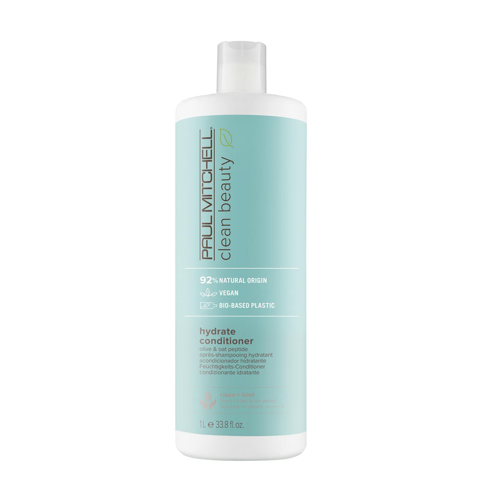 Paul Mitchell Clean Beauty Hydrate Conditioner bottle showcases nourishing formula for parched hair.