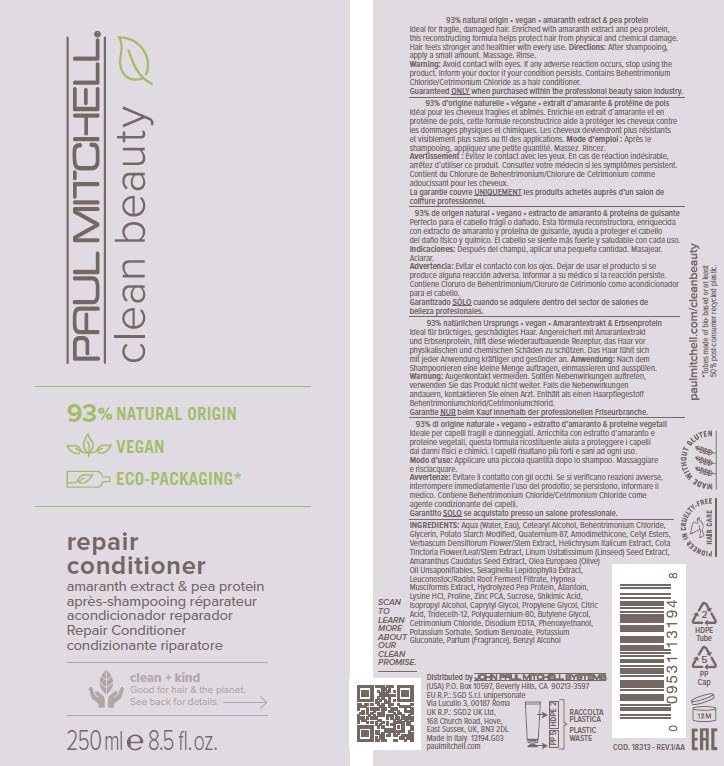 Hair care routine featuring Paul Mitchell Repair Conditioner in use.