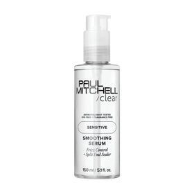 Paul Mitchell Clear Smoothing Serum bottle shows fragrance-free formula for sensitive scalps.