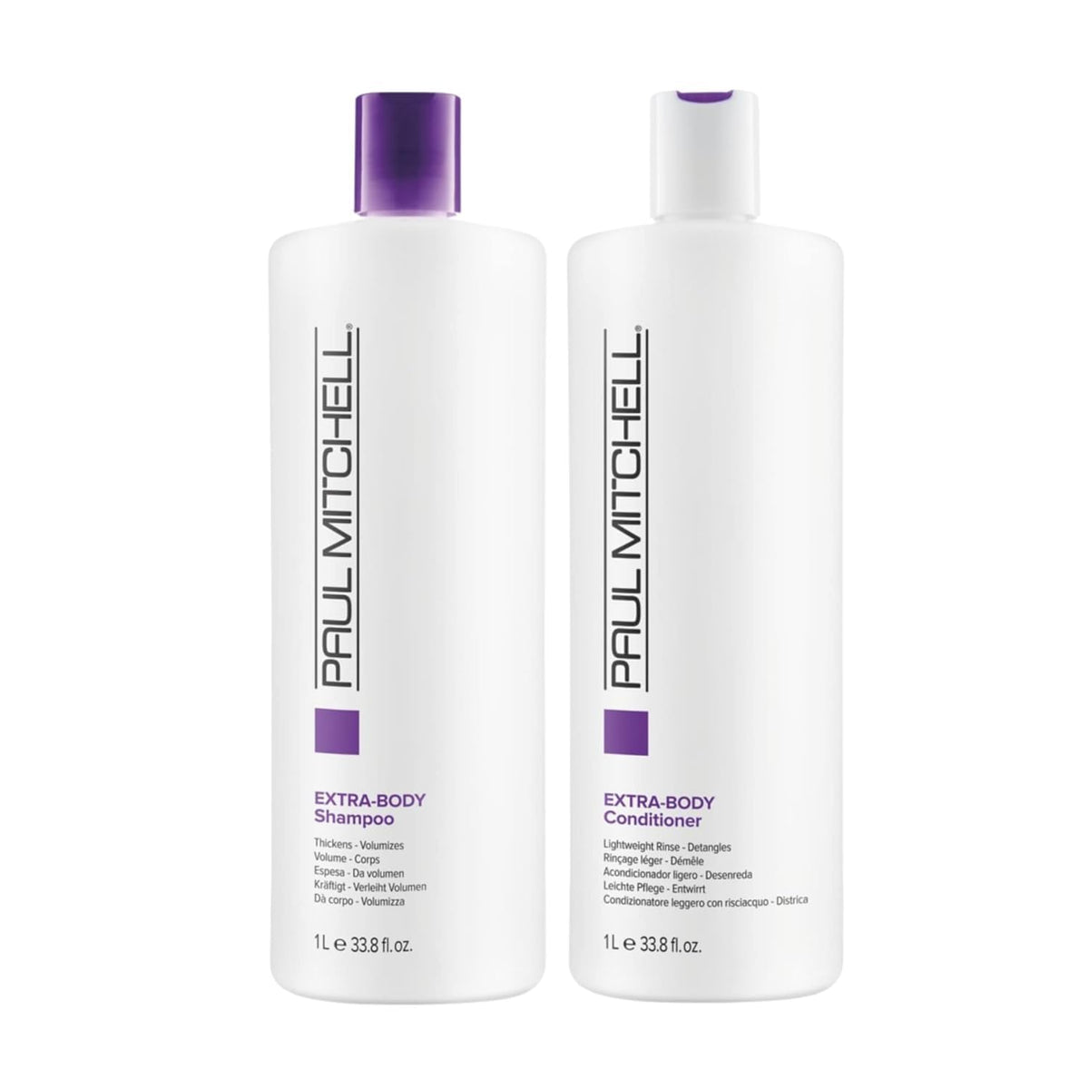 Paul Mitchell Extra-Body Shampoo bottle pour boosts body and shine for fine hair.