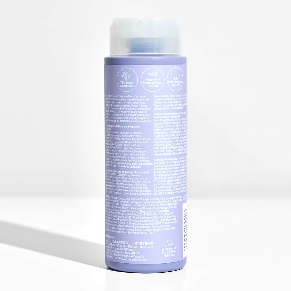 Paul Mitchell Forever Blonde Shampoo packaging with PCR materials for eco-friendly packaging.