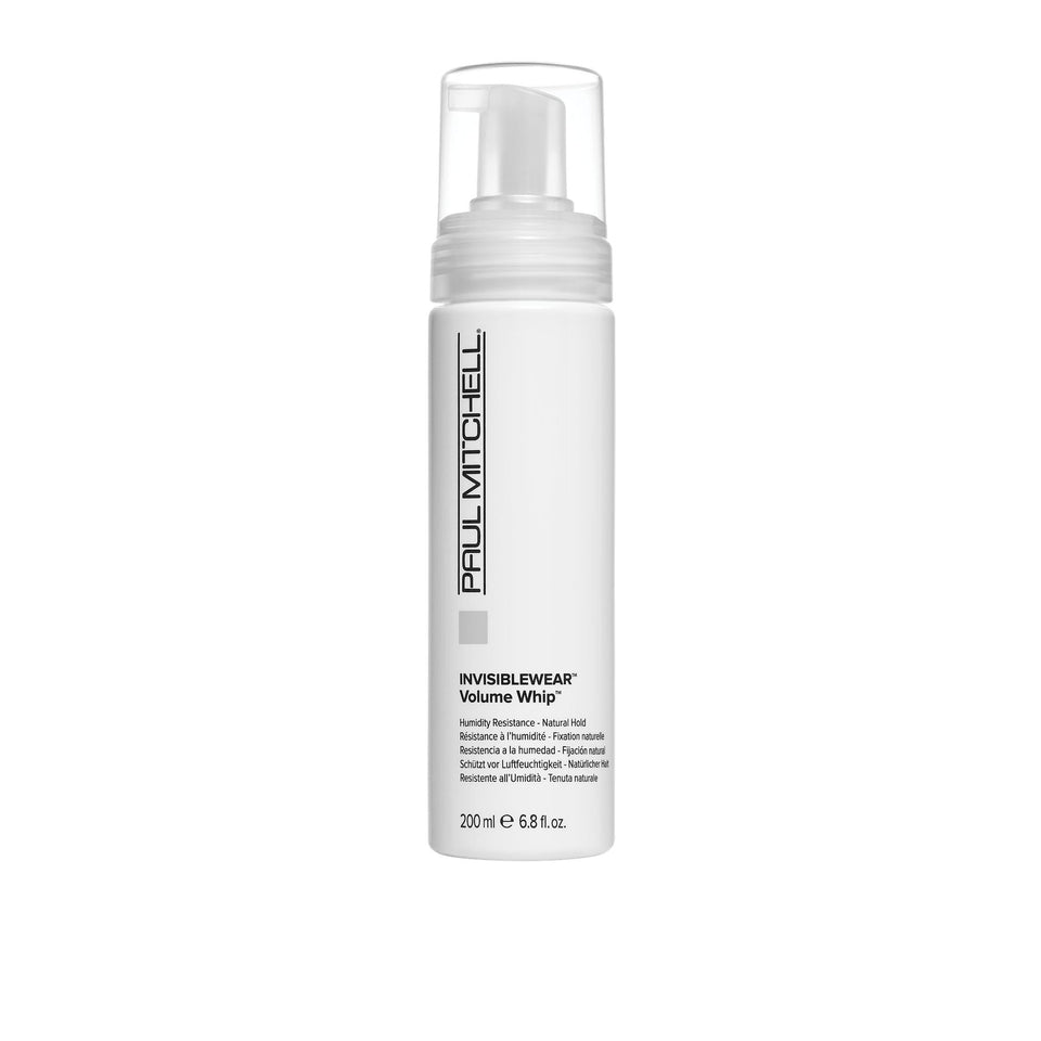 Paul Mitchell Invisiblewear Extra-Body Whip bottle shows airy volume and frizz control for fine hair.