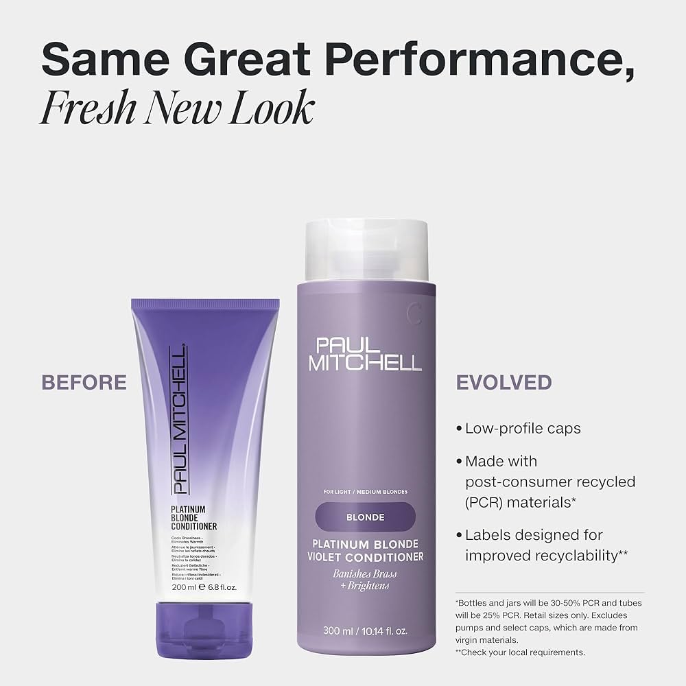 Paul Mitchell Platinum Blonde Conditioner bottle closeup hydrates hair and reduces brass.