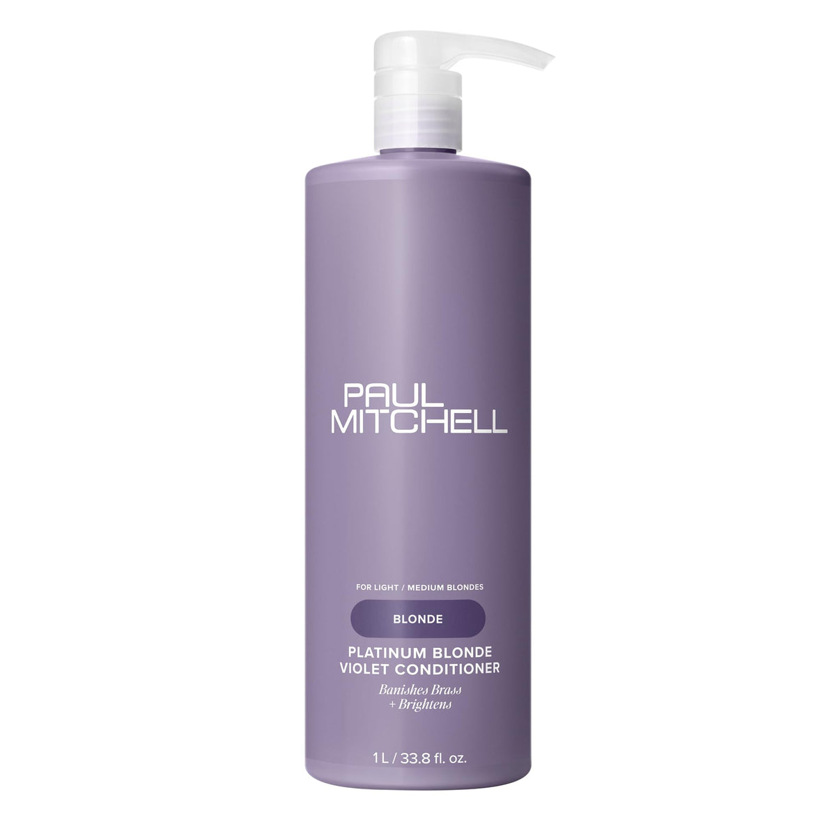 Paul Mitchell Platinum Blonde Violet Conditioner bottle highlights color-correcting care for blondes.