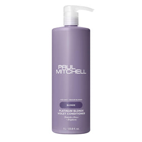 Paul Mitchell Platinum Blonde Violet Conditioner bottle highlights color-correcting care for blondes.