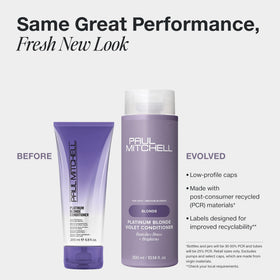 Paul Mitchell Platinum Blonde Violet Conditioner pour demonstrates violet pigment for brass reduction.