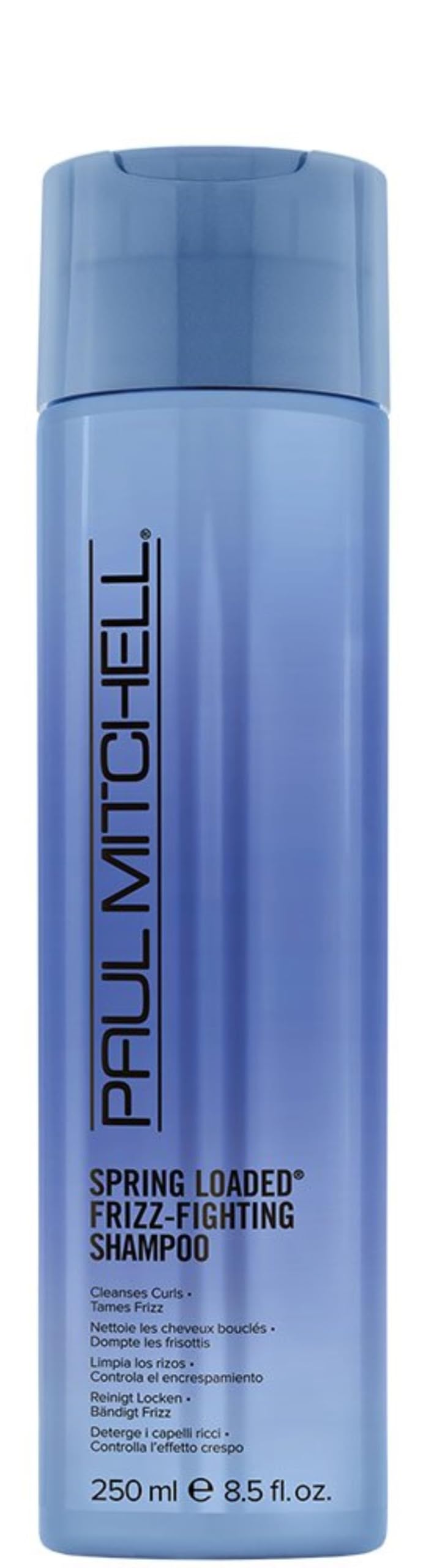Paul Mitchell Spring Loaded shampoo bottle close-up highlighting frizz-fighting formula