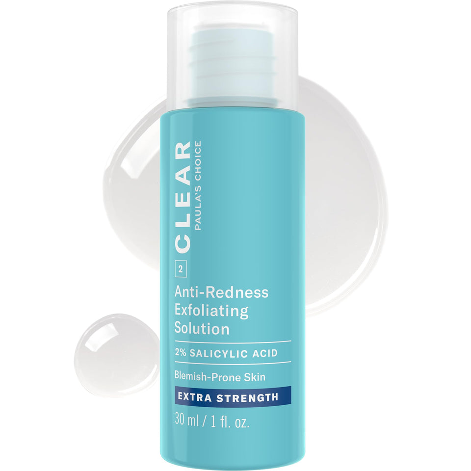 Paula's Choice CLEAR Exfoliating Solution bottle shows fragrance-free formula for pore clearing.