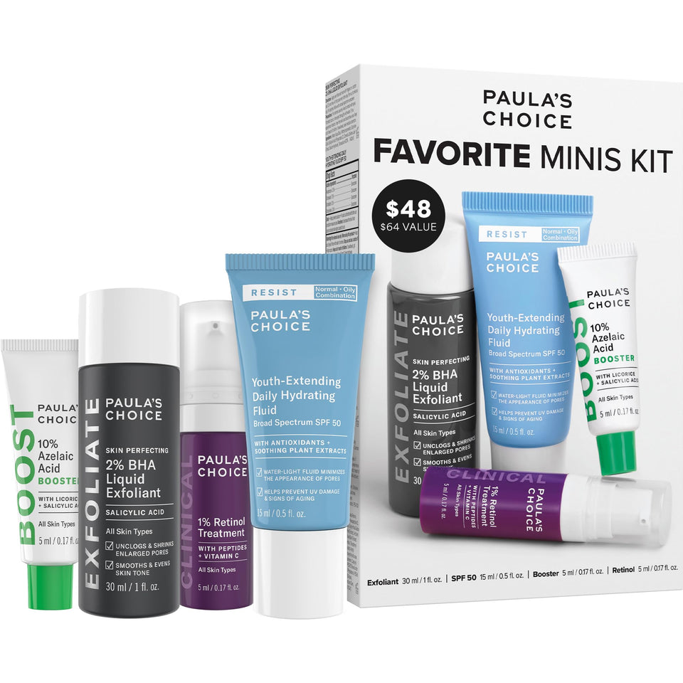 Paula's Choice Favorites Mini Kit with 2% BHA exfoliant for smoother skin texture.
