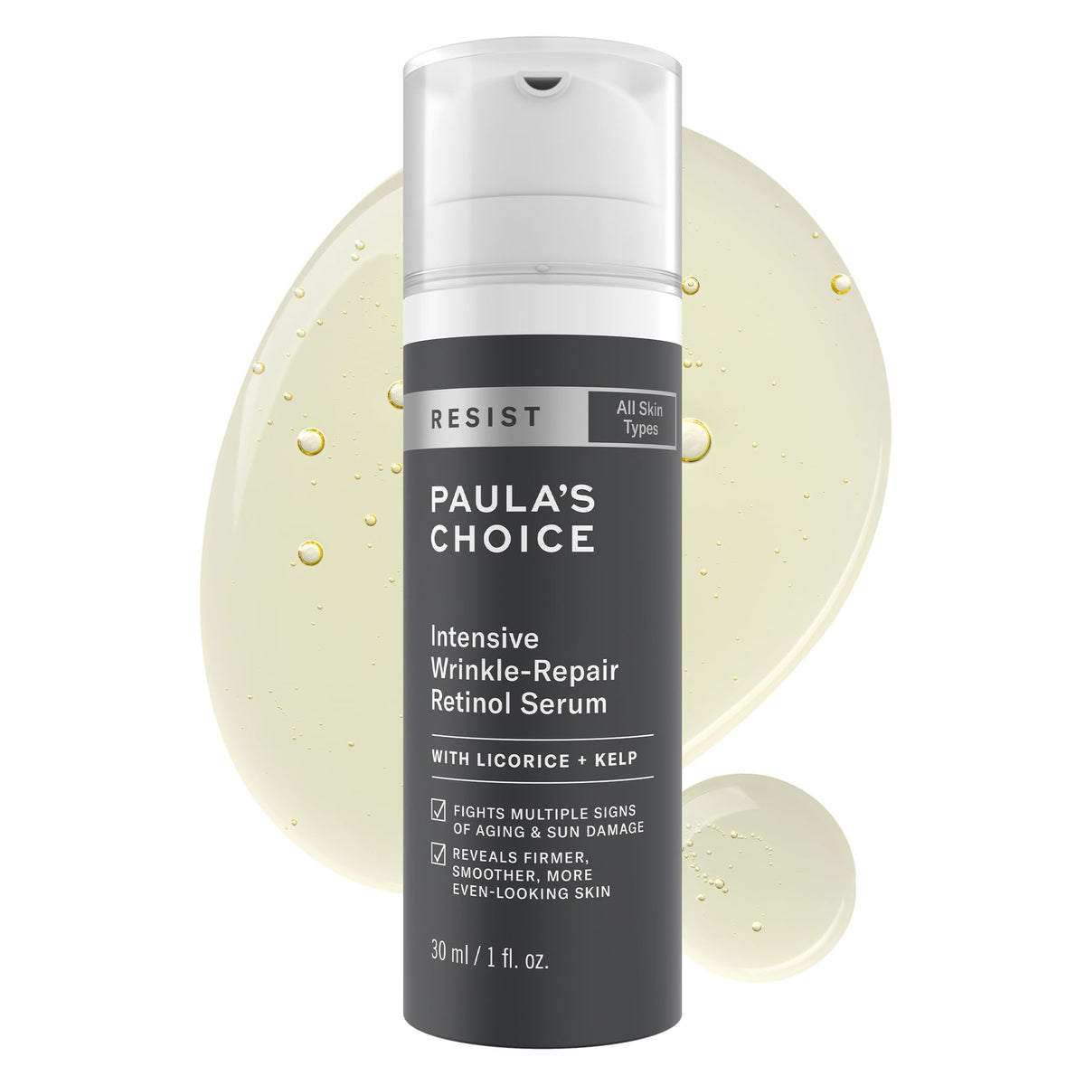 Paula's Choice Resist Intensive Wrinkle-Repair Serum bottle close-up for hydration and anti-aging support.