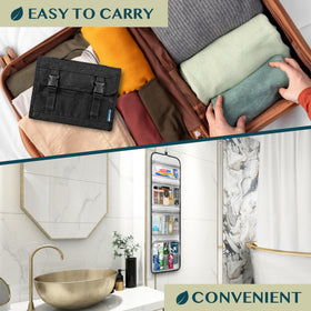 PAVILIA hanging hook keeps the bag reachable in hotel bathrooms.