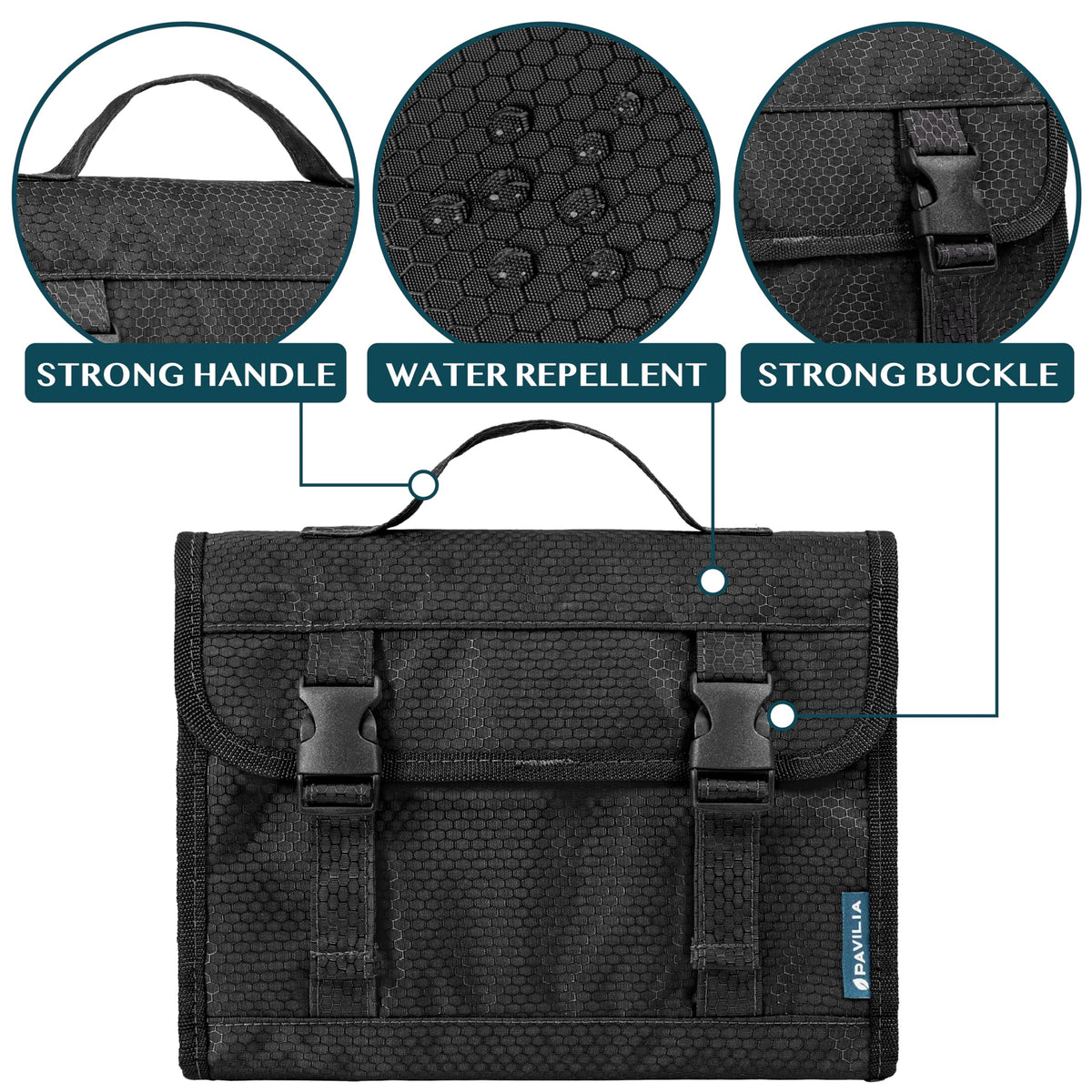 PAVILIA padded makeup bag protects bottles on flights and road trips.