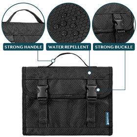 PAVILIA padded makeup bag protects bottles on flights and road trips.