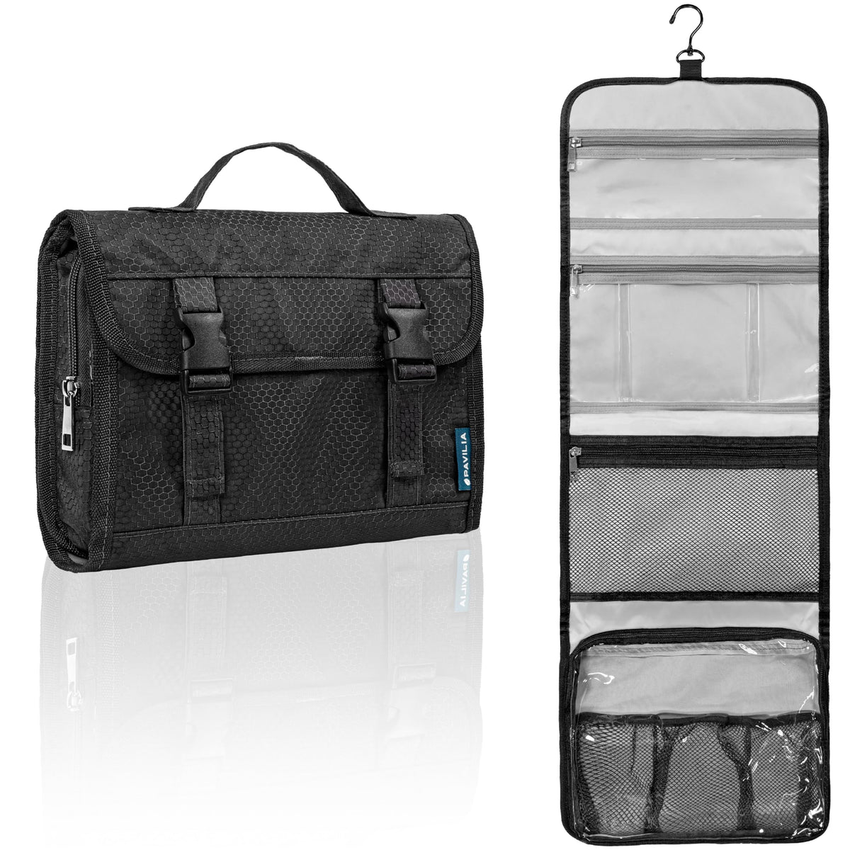 PAVILIA travel hanging toiletry bag with hook for easy hotel bathroom hanging.