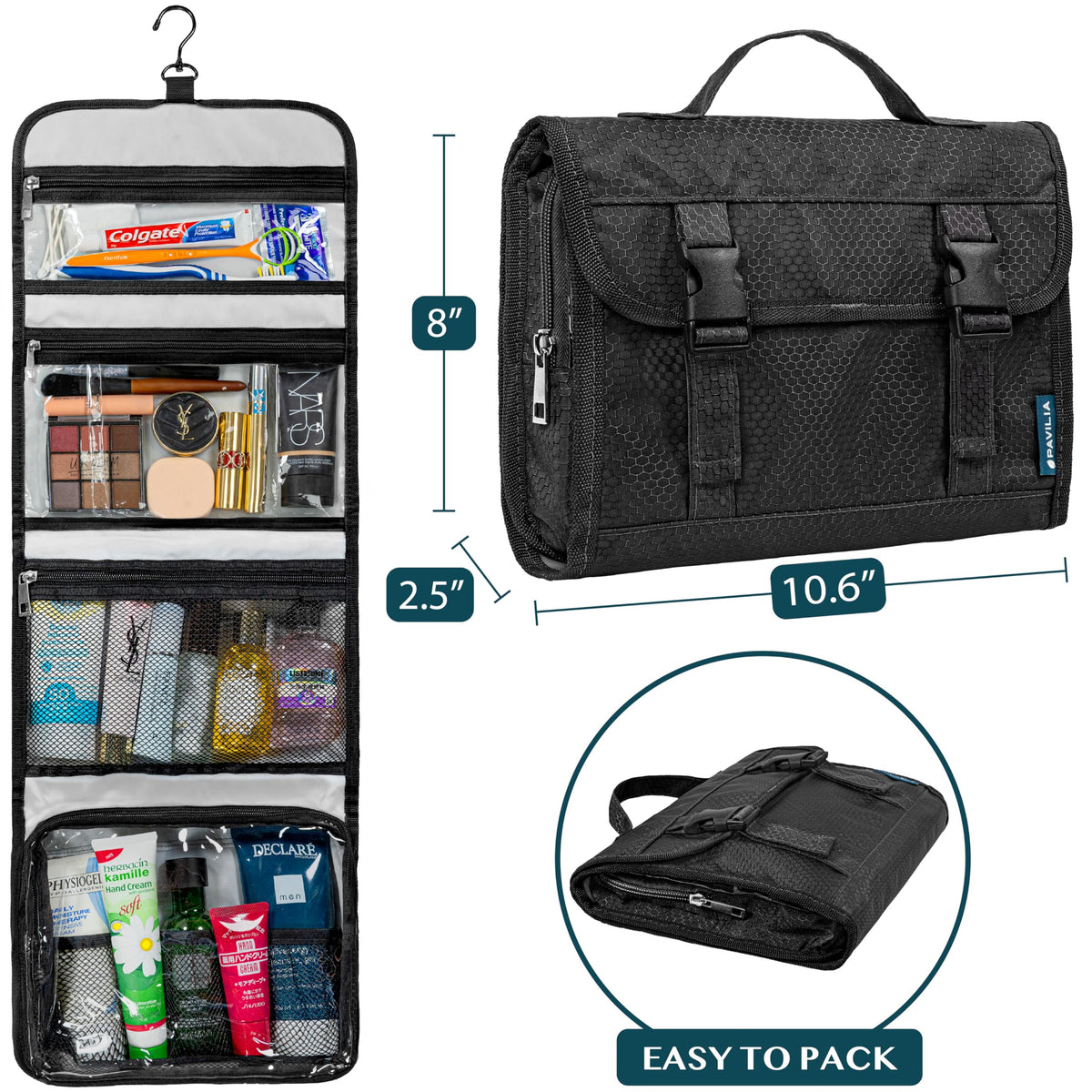 PAVILIA waterproof cosmetic organizer keeps liquids contained during travel.