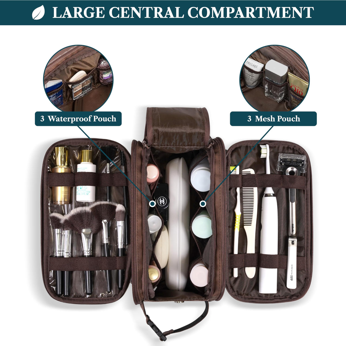 PAVILIA hangable bathroom bag saves counter space in hotels and gyms.